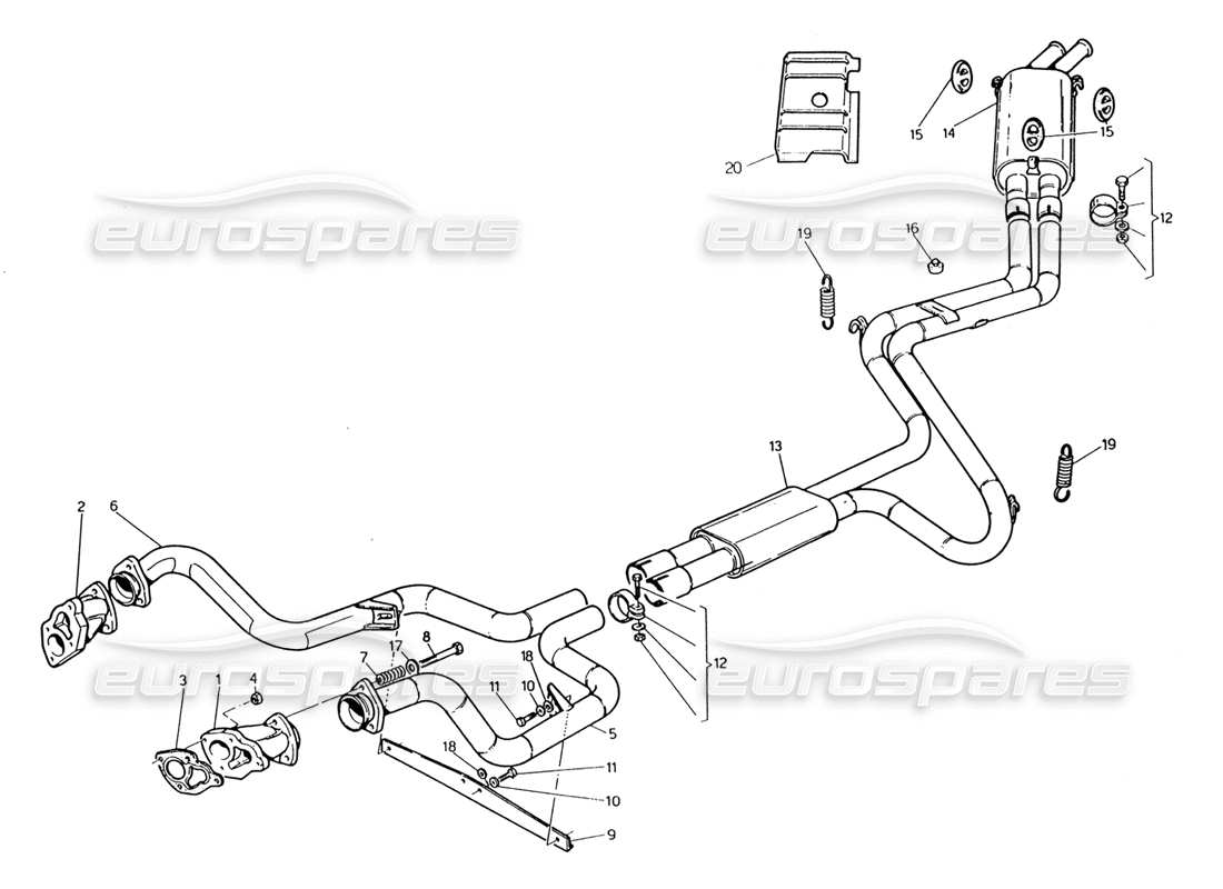 maserati 222 / 222e biturbo exhaust system without paint catalyst parts diagram