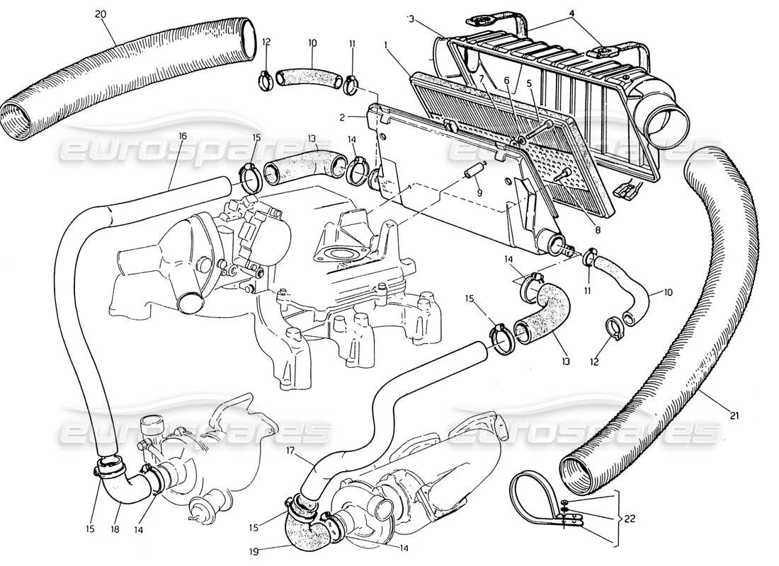 maserati 222 / 222e biturbo air filter and pipes part diagram