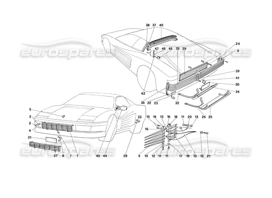 ferrari testarossa (1990) external finishing parts diagram