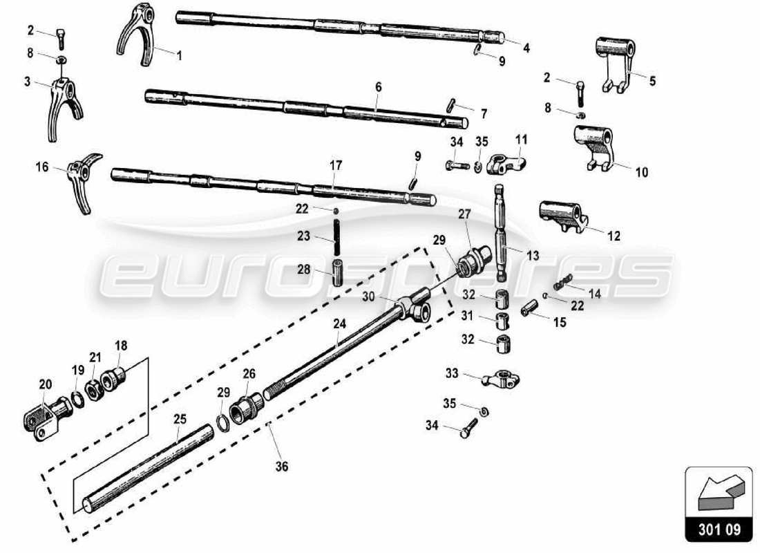 lamborghini miura p400 gearbox shifting rods and forks parts diagram