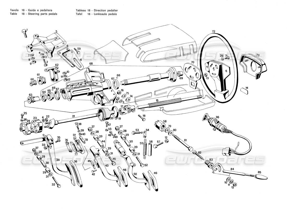 maserati merak 3.0 steering parts and pedals parts diagram
