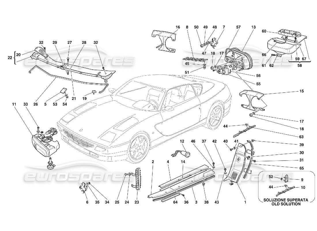 ferrari 456 gt/gta front and rear lights - outside finishings parts diagram