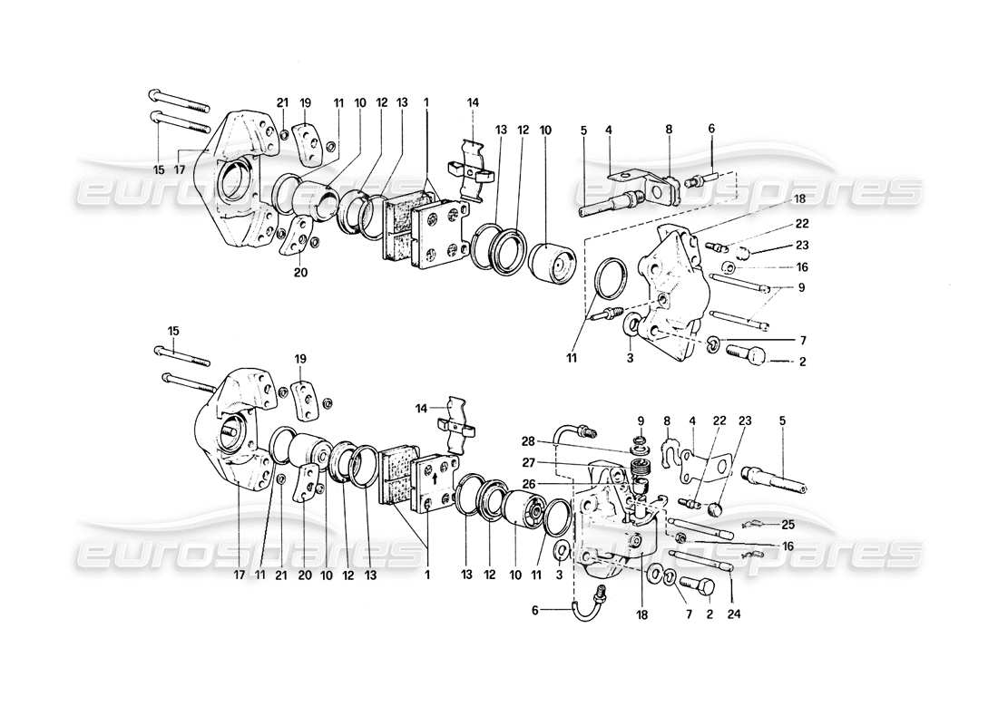 ferrari 308 quattrovalvole (1985) calipers for front and rear brakes parts diagram