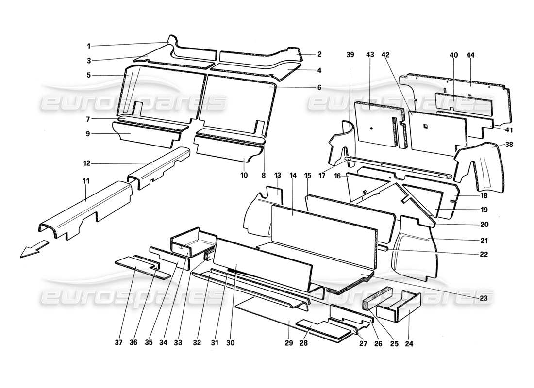 ferrari 328 (1988) luggage and passenger compartment insulation (untill car no. 66965 - not for us - aus - ch87 - sa - j) parts diagram