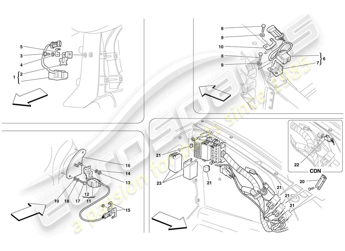 ferrari f430 spider (rhd) ecus and sensors in front compartment and engine compartment parts diagram