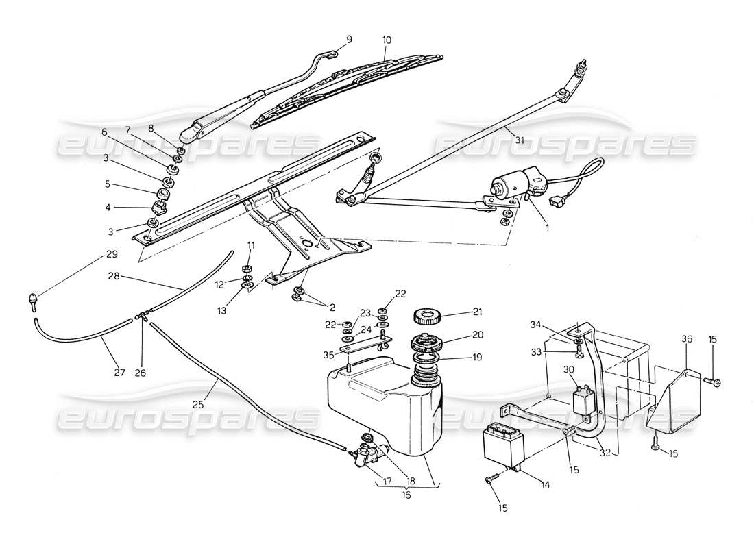 maserati biturbo spider windshield wiper - washer (rh steering) parts diagram