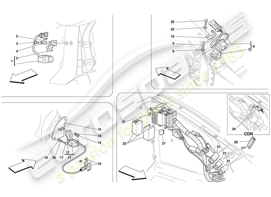 ferrari f430 scuderia (usa) ecus and sensors in front compartment and engine compartment part diagram