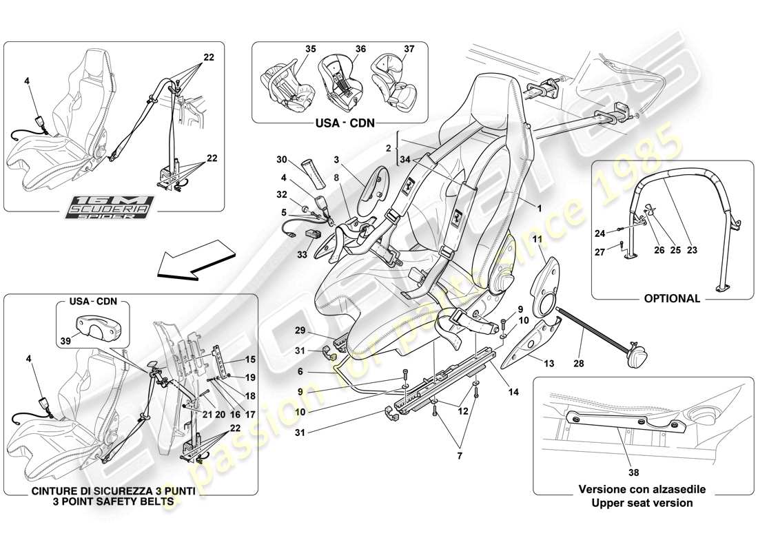 ferrari f430 scuderia spider 16m (europe) racing seat-4 point seat harnesses-rollbar parts diagram
