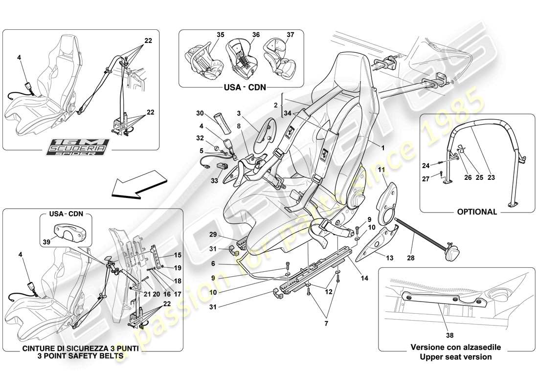 ferrari f430 scuderia spider 16m (rhd) racing seat-4 point seat harnesses-rollbar parts diagram