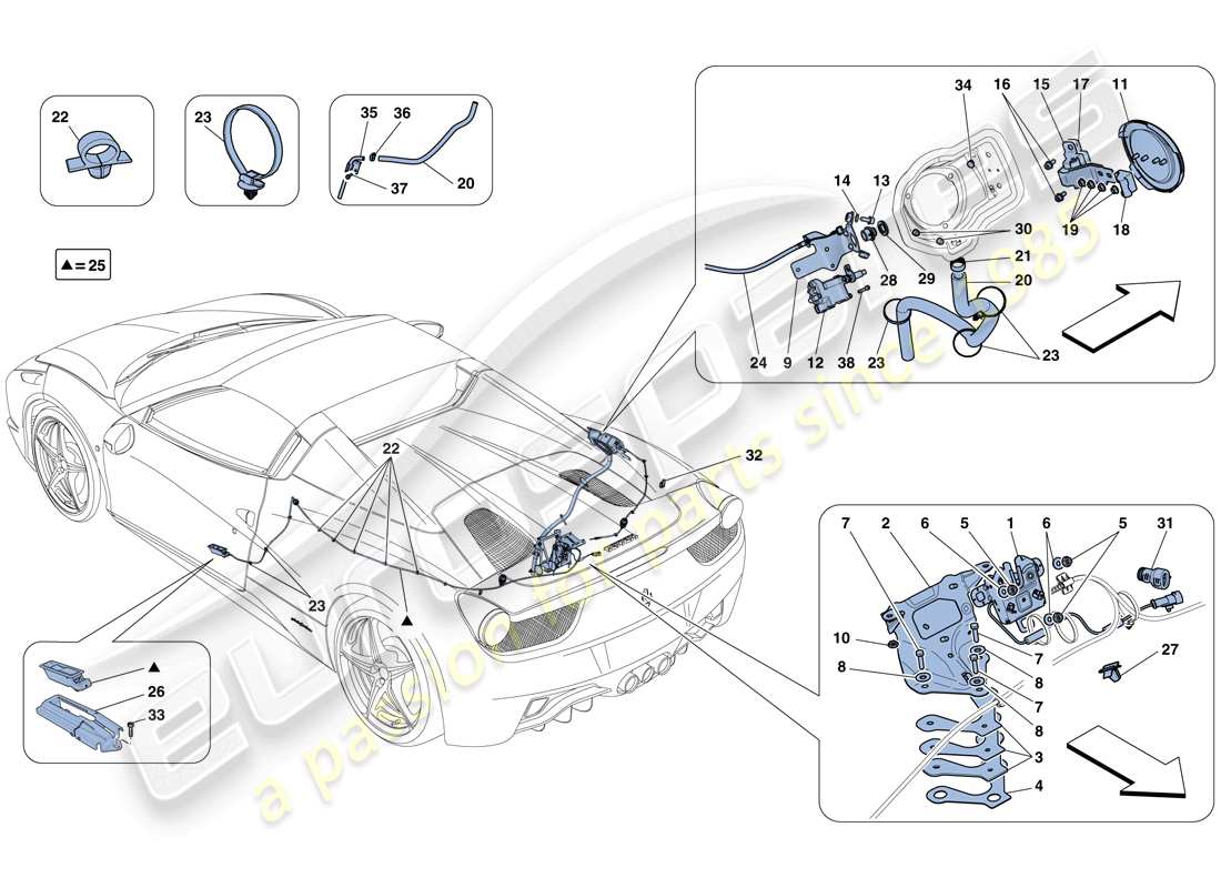 ferrari 458 spider (usa) engine compartment lid and fuel filler flap opening mechanisms part diagram