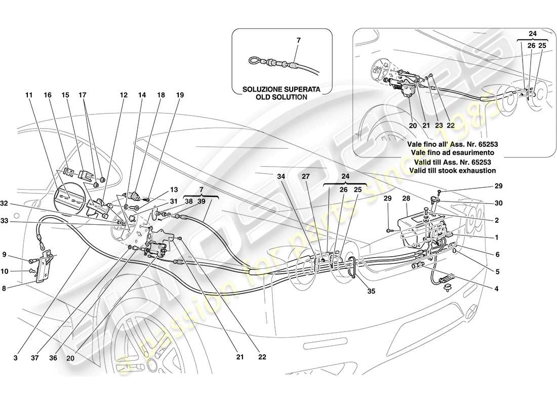 ferrari f430 coupe (europe) engine compartment lid and fuel filler flap opening mechanisms parts diagram