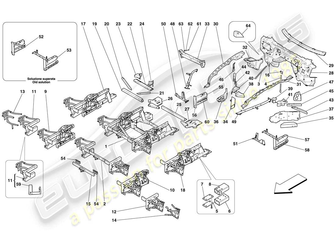 ferrari 599 gto (rhd) structures and elements, front of vehicle part diagram