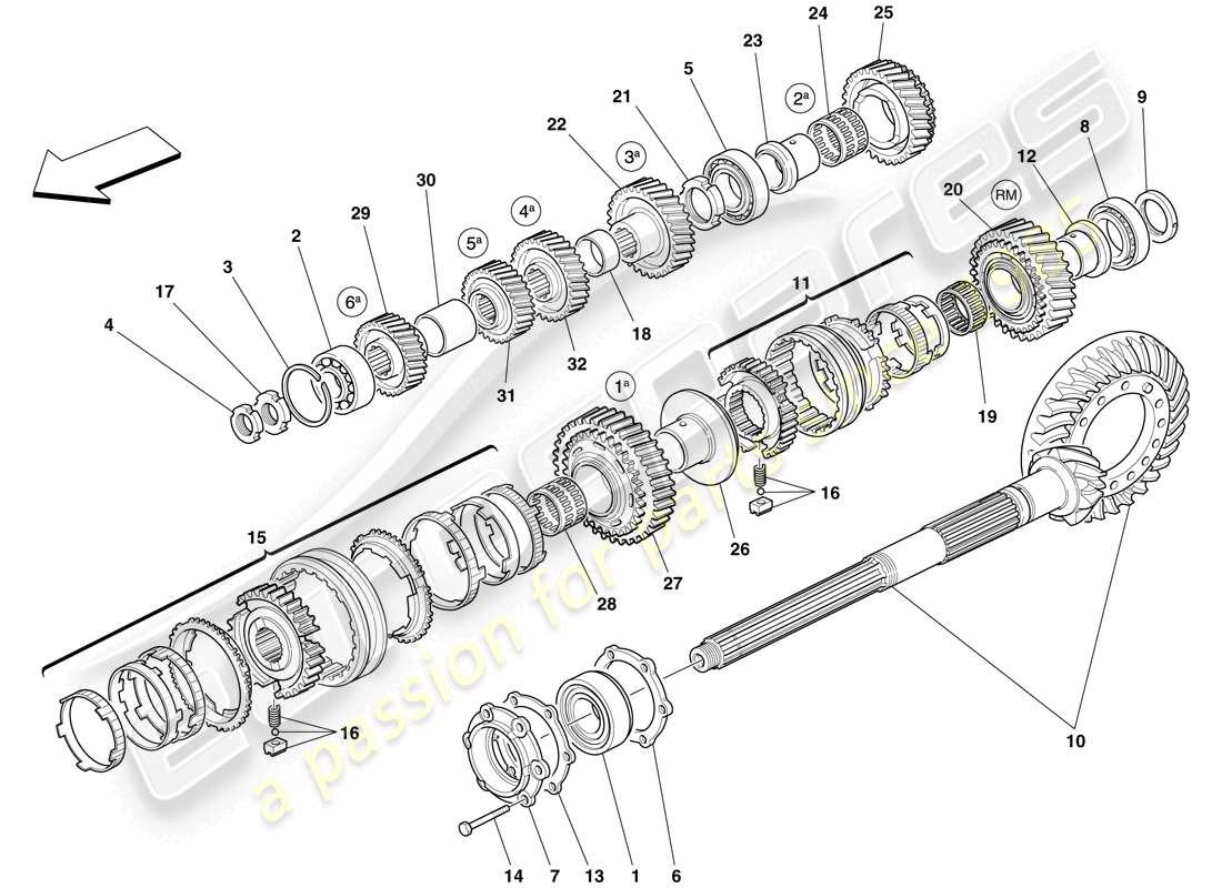 ferrari 612 sessanta (rhd) secondary gearbox shaft gears parts diagram