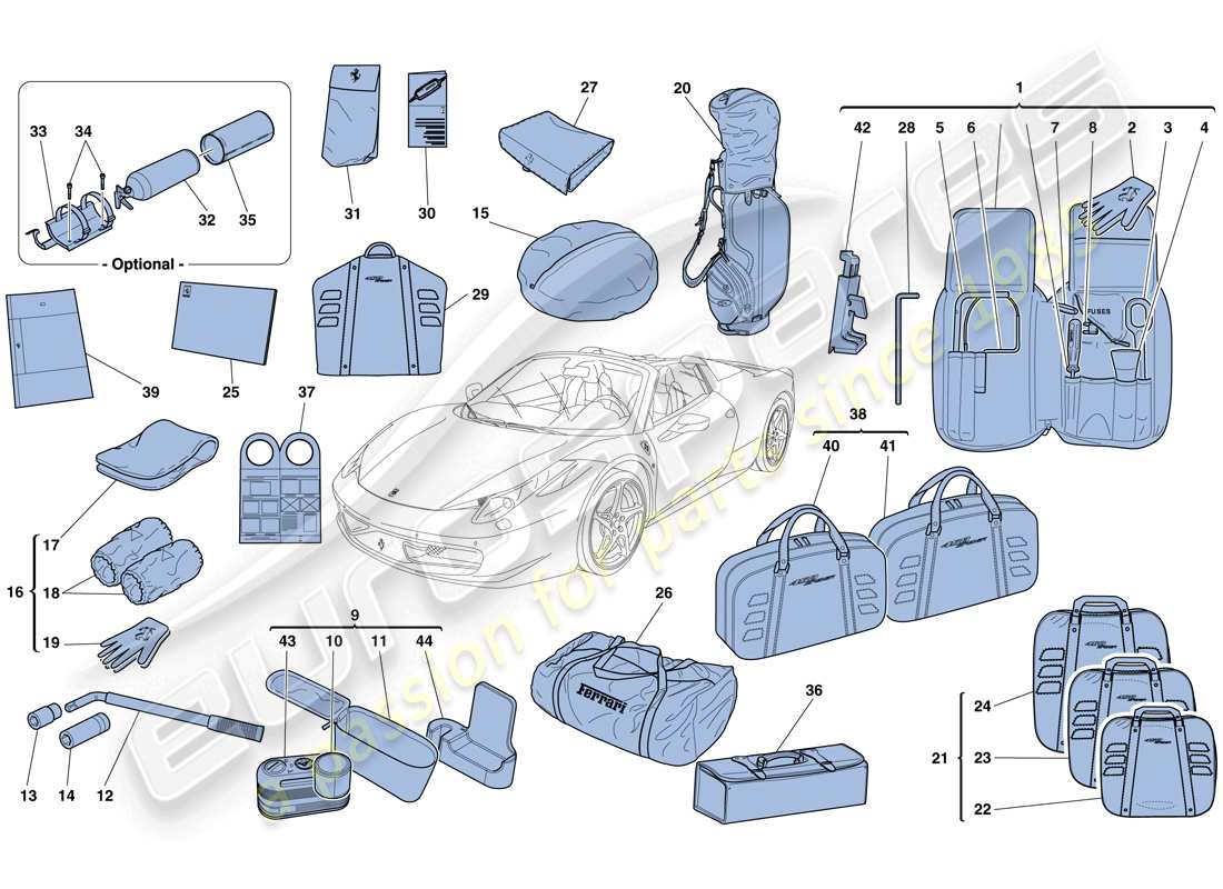 ferrari 458 spider (rhd) tools and accessories provided with vehicle parts diagram