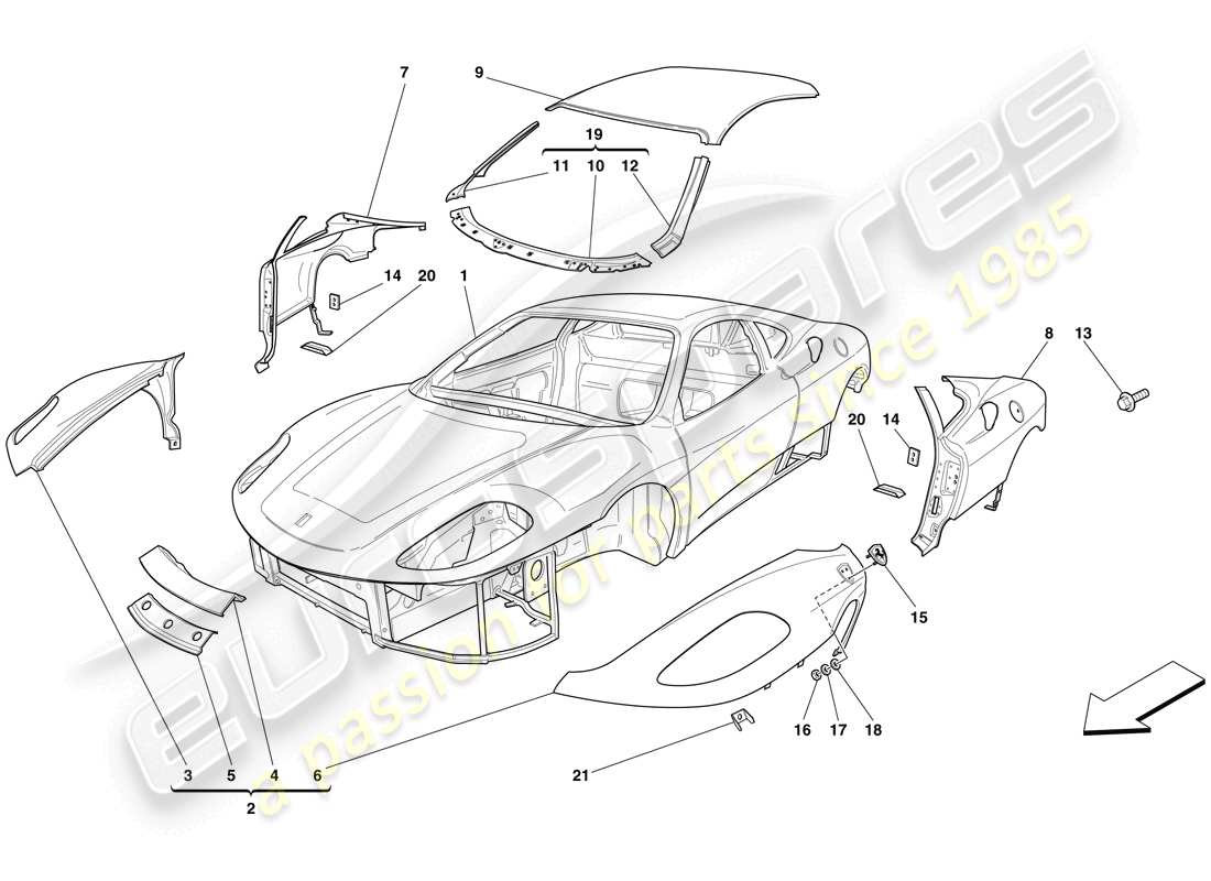 ferrari f430 scuderia (usa) bodyshell - exterior trim parts diagram