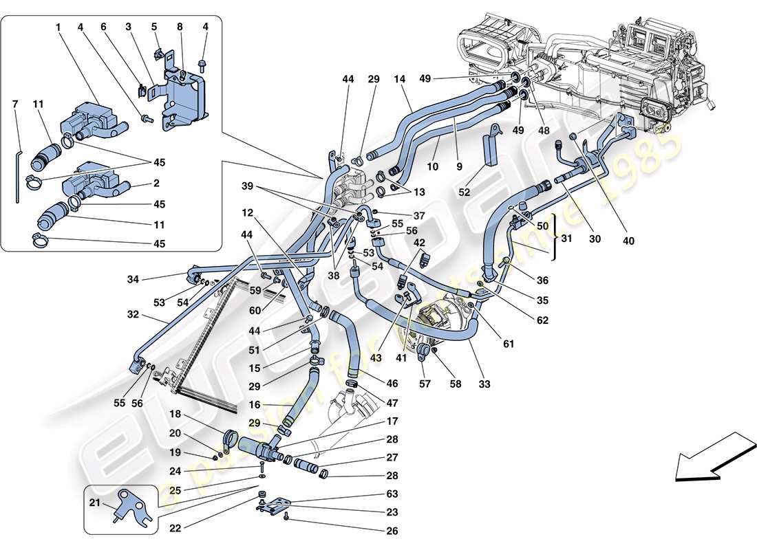 ferrari ff (rhd) ac system - water and freon parts diagram