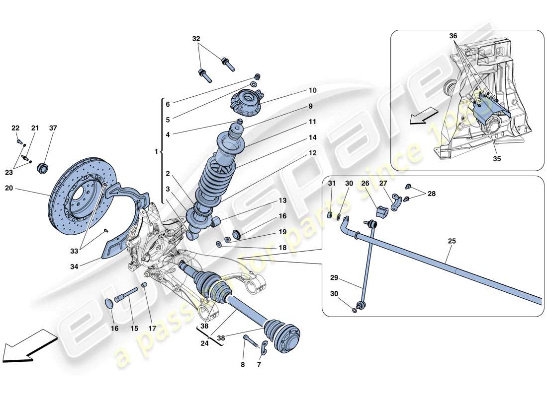 ferrari 458 speciale aperta (rhd) rear suspension - shock absorber and brake disc part diagram