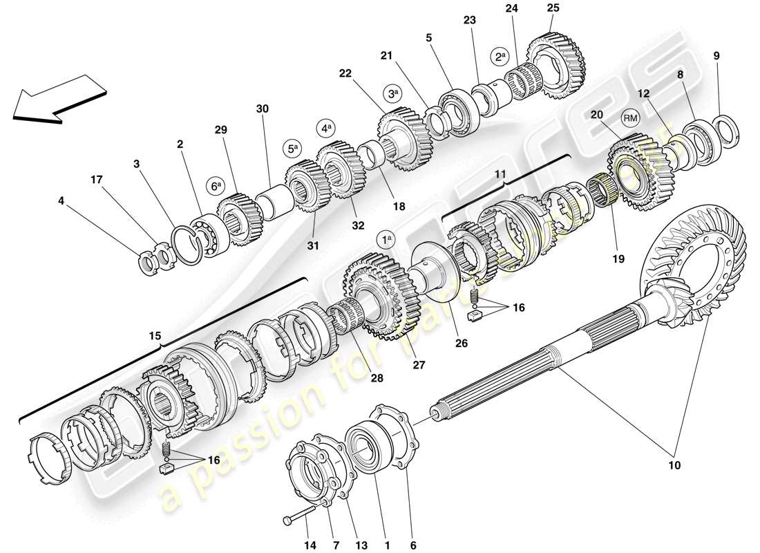 ferrari 599 gtb fiorano (rhd) secondary gearbox shaft gears part diagram