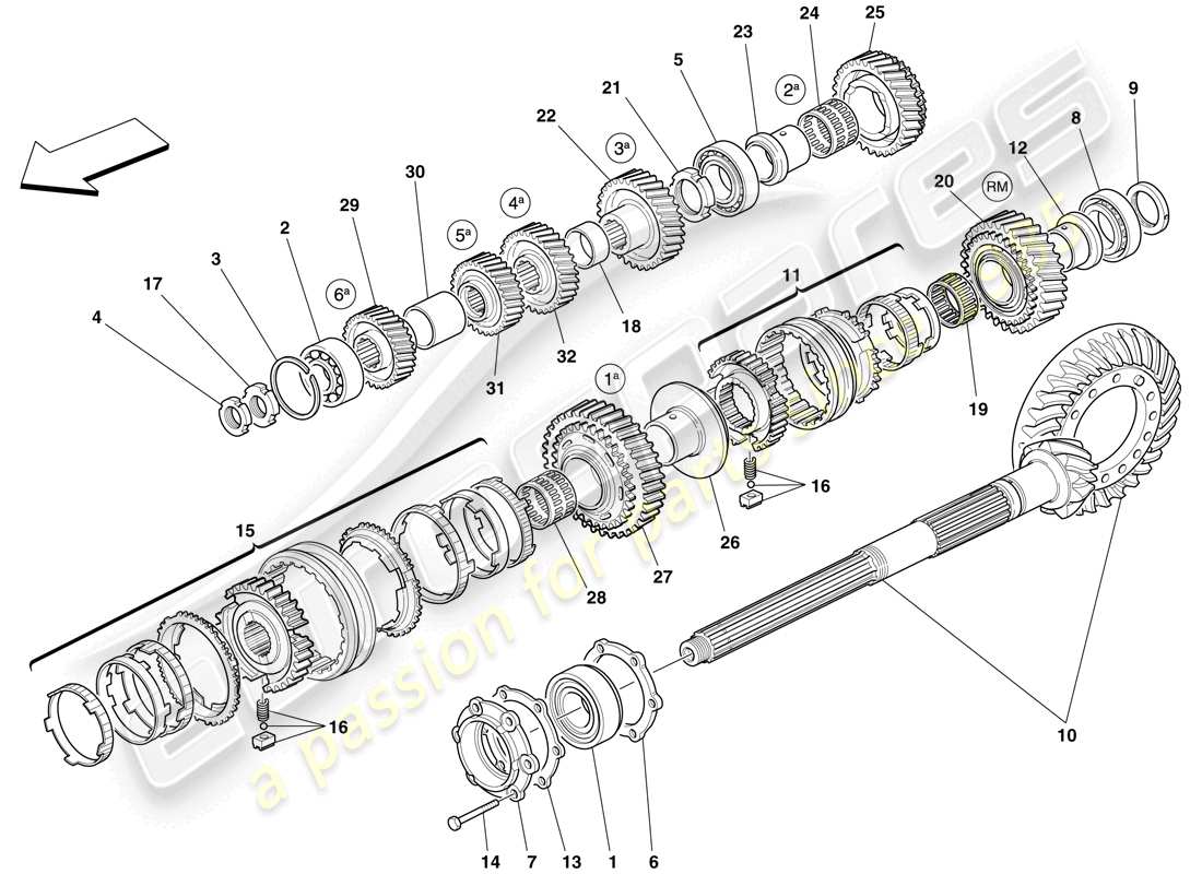 ferrari 599 gtb fiorano (europe) secondary gearbox shaft gears parts diagram