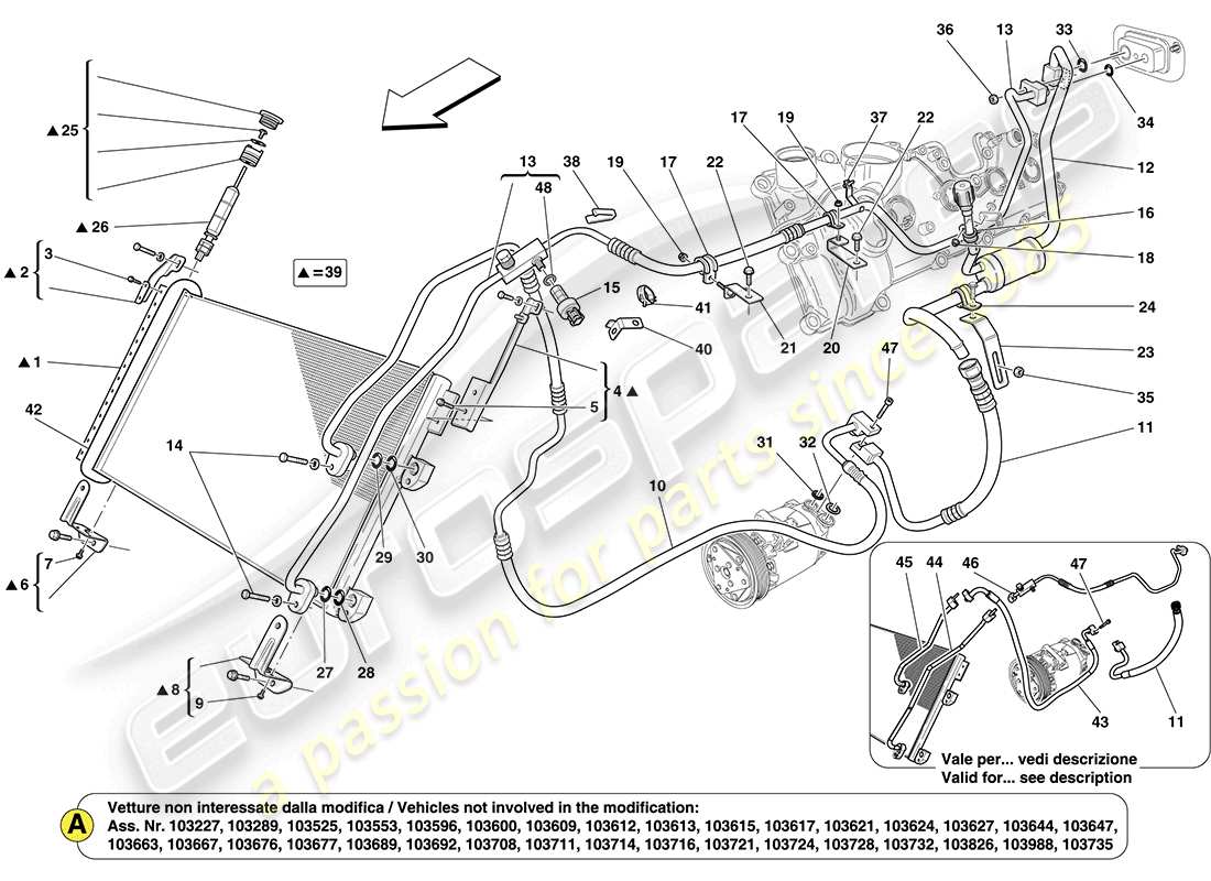 ferrari california (europe) ac unit: components in engine compartment part diagram