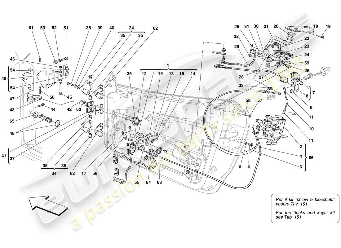 ferrari f430 spider (usa) doors - opening mechanism and hinges parts diagram