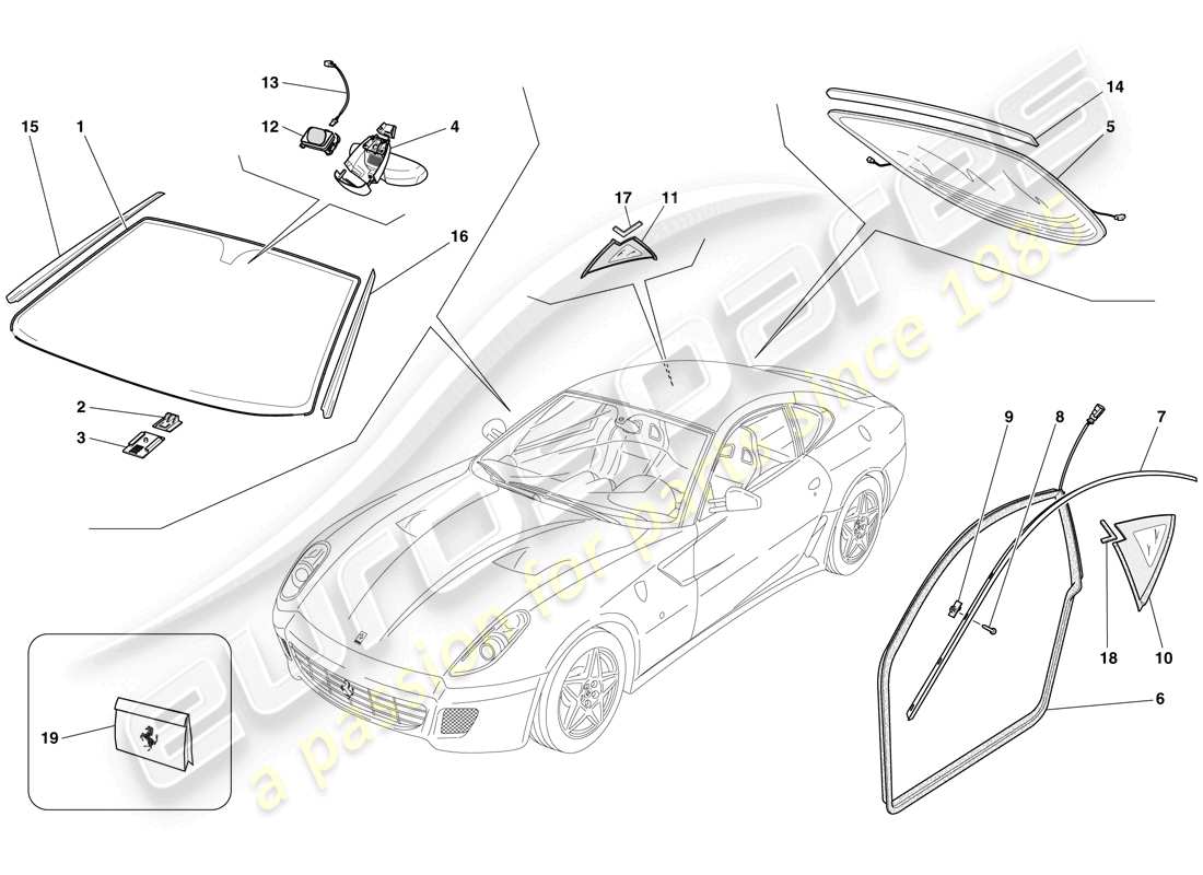 ferrari 599 gtb fiorano (europe) screens, windows and seals part diagram