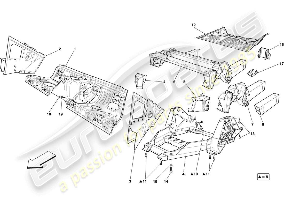 ferrari california (rhd) rear structures and chassis box sections parts diagram