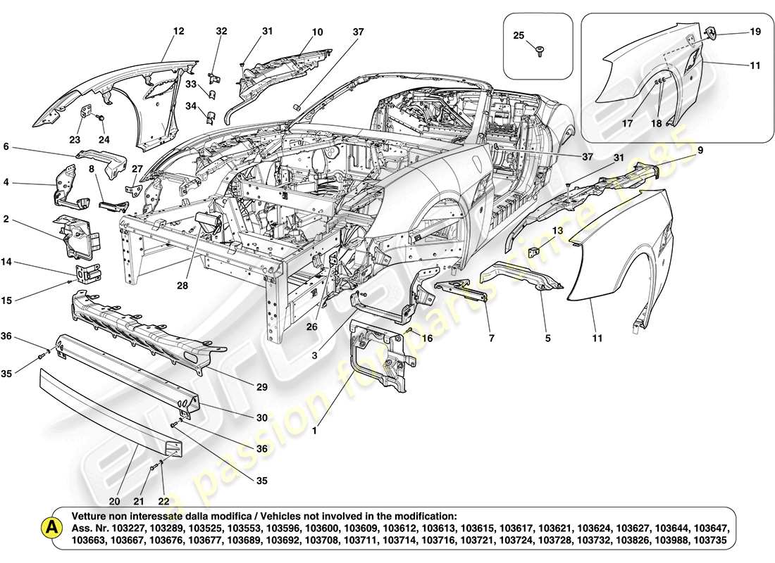 ferrari california (rhd) front bodyshell and external trim parts diagram