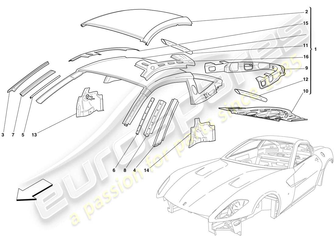 ferrari 599 gtb fiorano (europe) bodyshell - roof part diagram