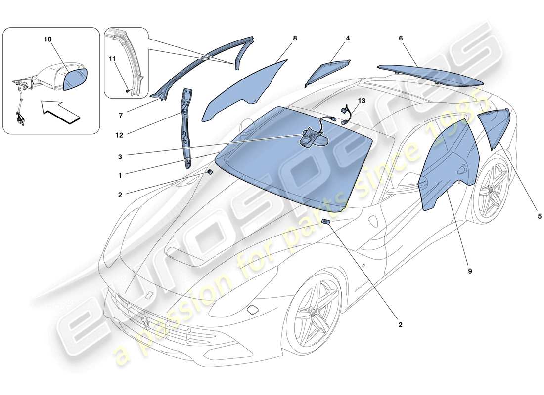 ferrari f12 berlinetta (rhd) screens, windows and seals parts diagram