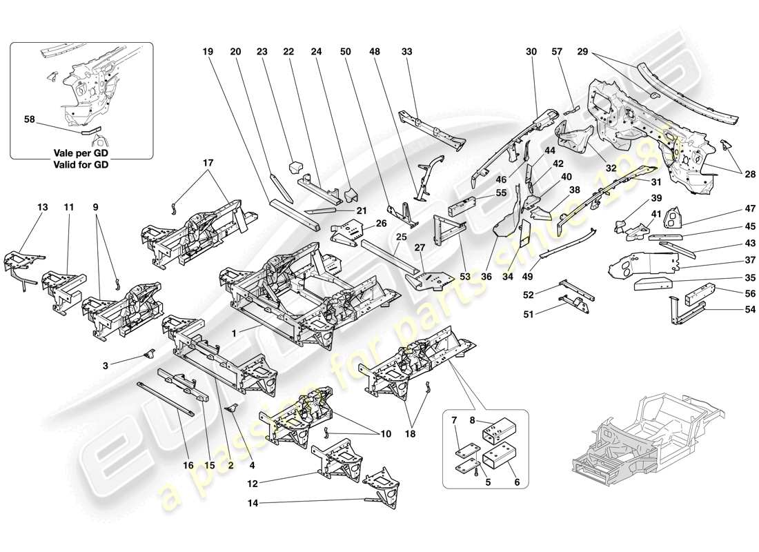 ferrari 612 sessanta (rhd) structures and elements, front of vehicle parts diagram