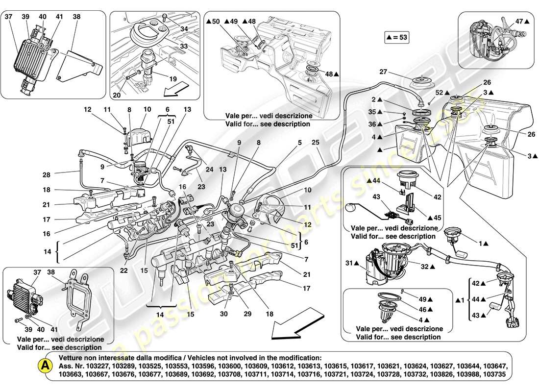 ferrari california (rhd) fuel pump and connector pipes parts diagram