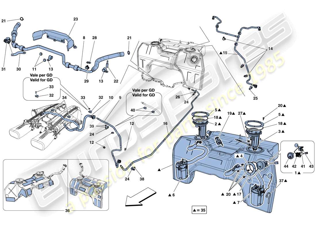 ferrari f12 tdf (rhd) fuel tank, fuel system pumps and pipes parts diagram