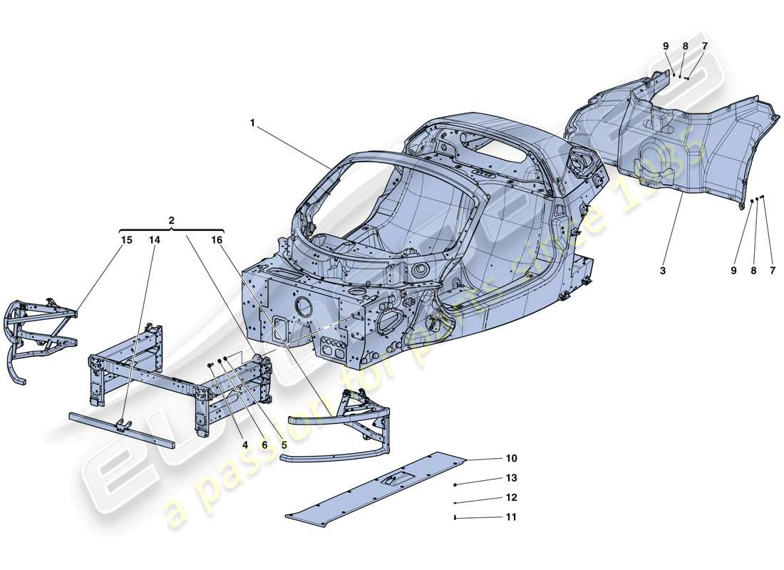 ferrari laferrari aperta (europe) monocoque tub - front subchassis - central flat undertray part diagram