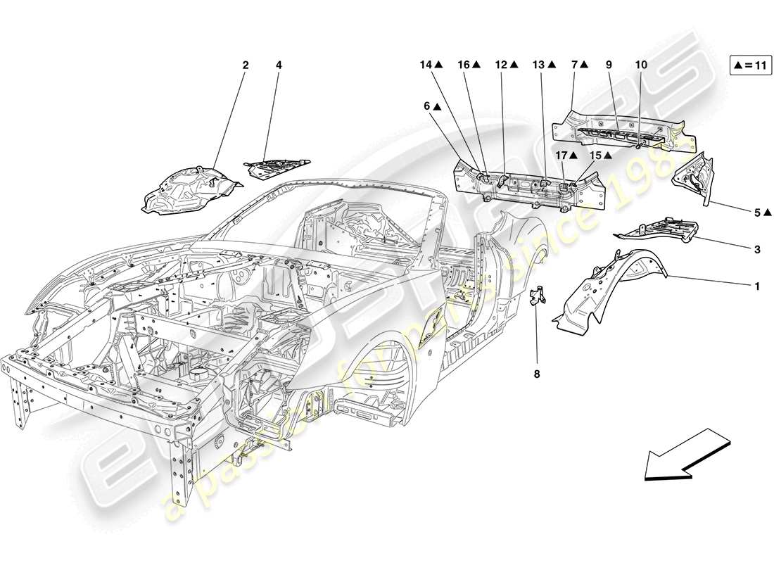 ferrari california (rhd) rear bodyshell and external trim parts diagram