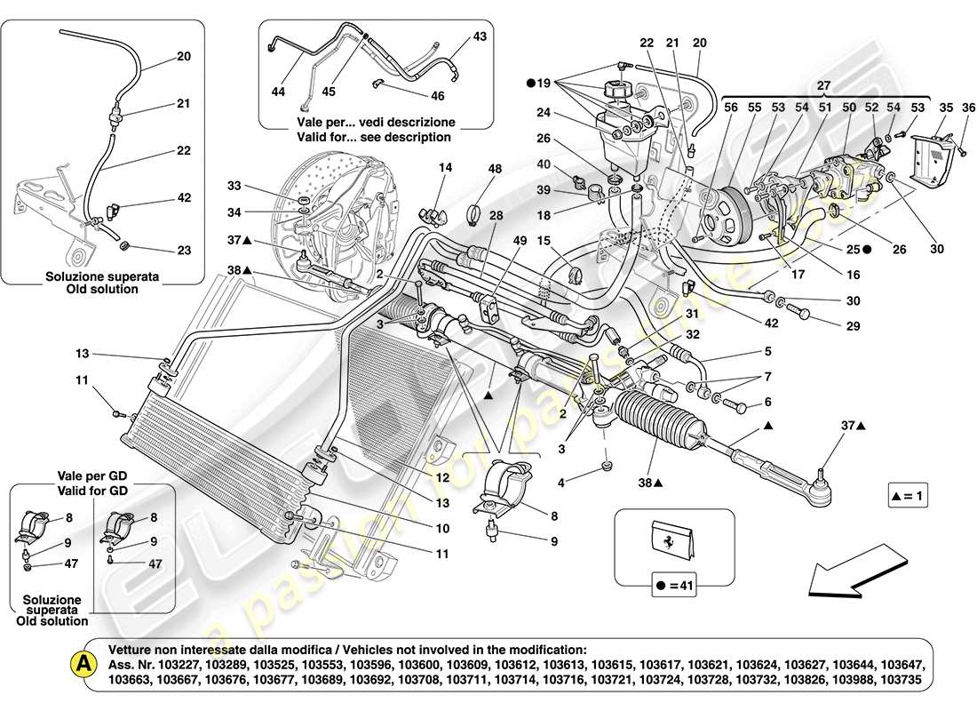 ferrari california (rhd) steering box and power steering pump parts diagram