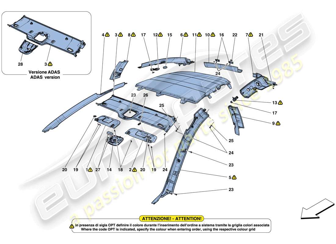 ferrari gtc4 lusso (rhd) headliner trim and accessories parts diagram