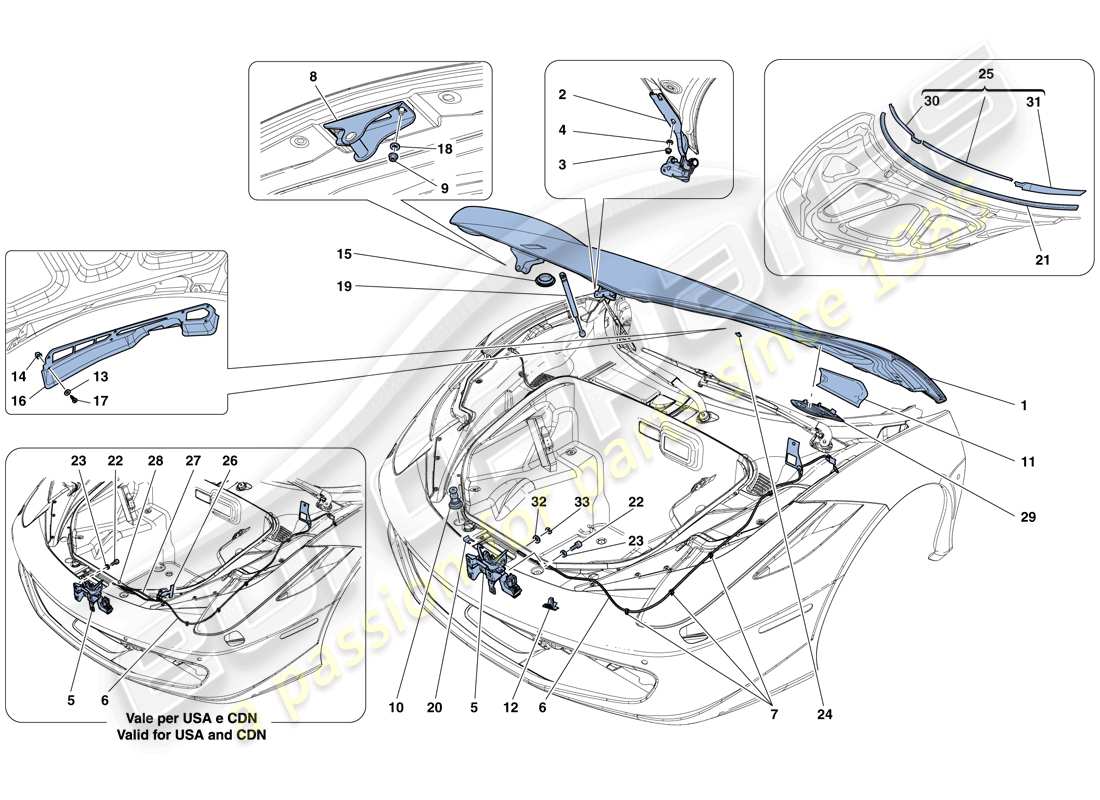 ferrari 458 spider (europe) front lid and opening mechanism parts diagram