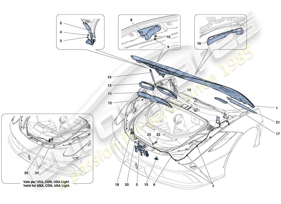 ferrari 458 speciale aperta (rhd) front lid and opening mechanism parts diagram