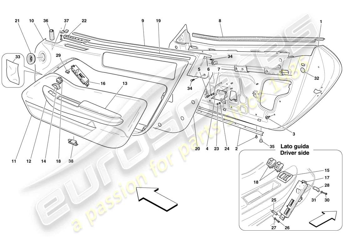 ferrari 599 gtb fiorano (europe) doors - substructure and trim part diagram