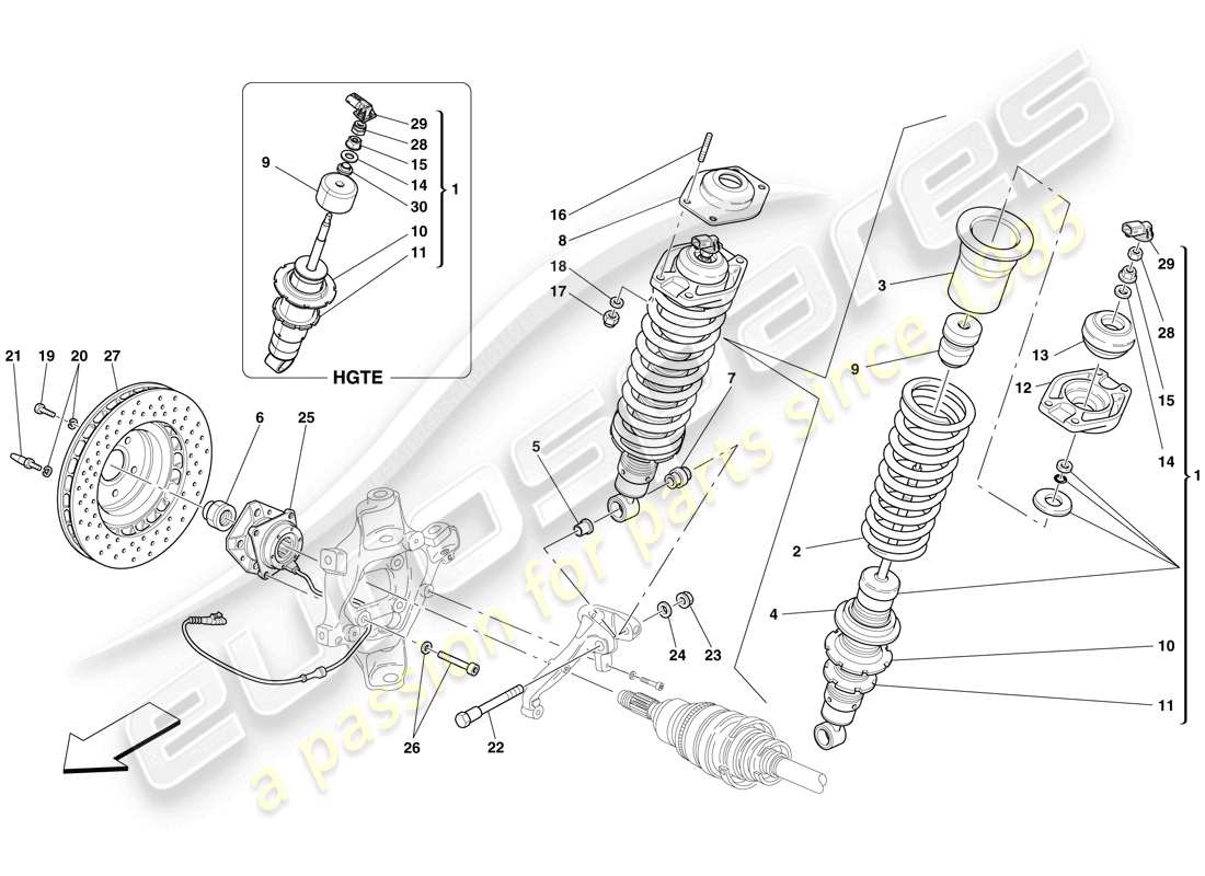 ferrari 599 gtb fiorano (usa) rear suspension - shock absorber and brake disc parts diagram