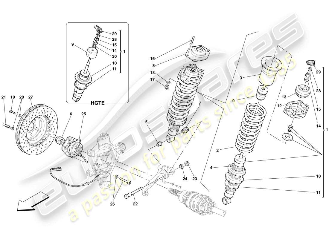 ferrari 599 gtb fiorano (europe) rear suspension - shock absorber and brake disc part diagram