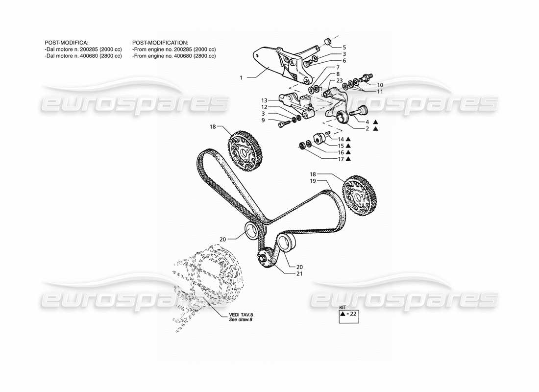 maserati qtp. 3.2 v8 (1999) timing with hydraulic tightener (post modification) part diagram