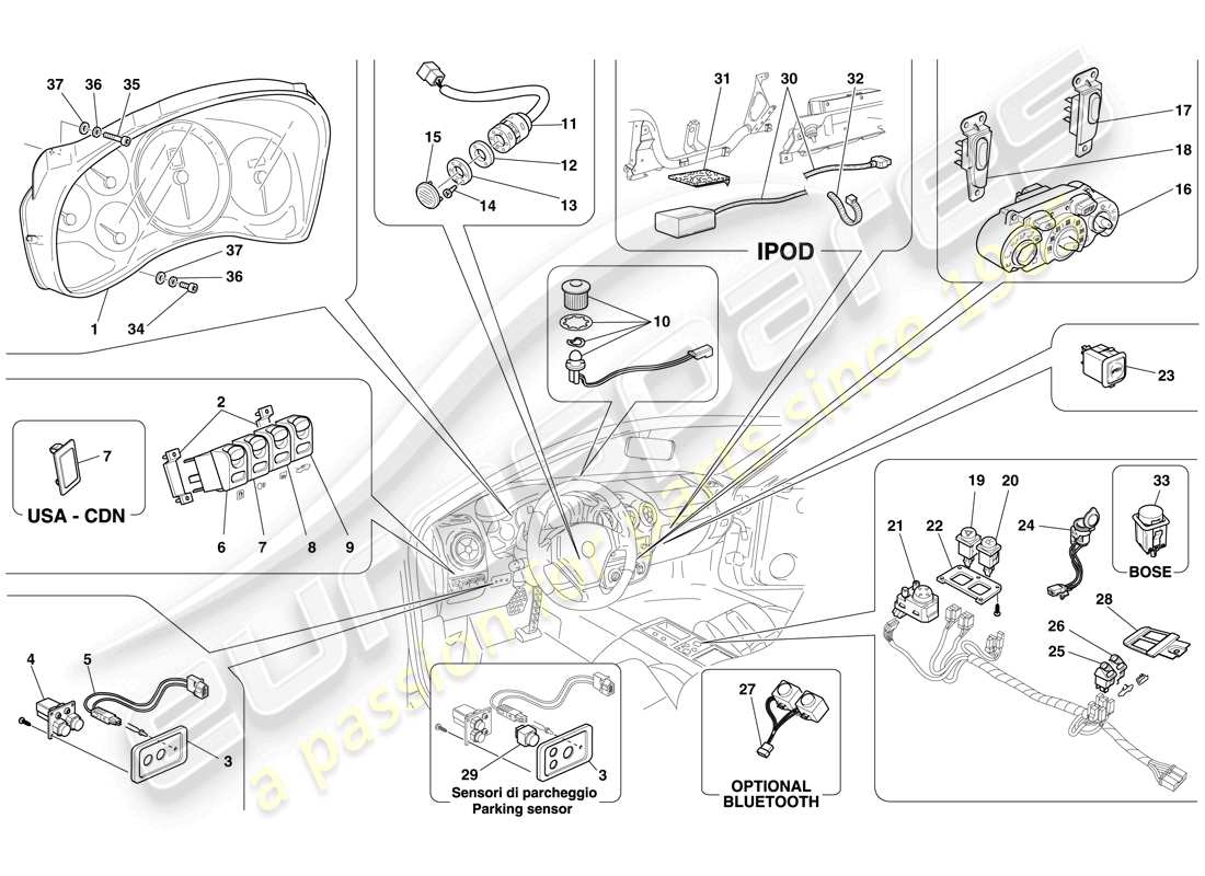 ferrari f430 spider (rhd) dashboard and tunnel instruments parts diagram