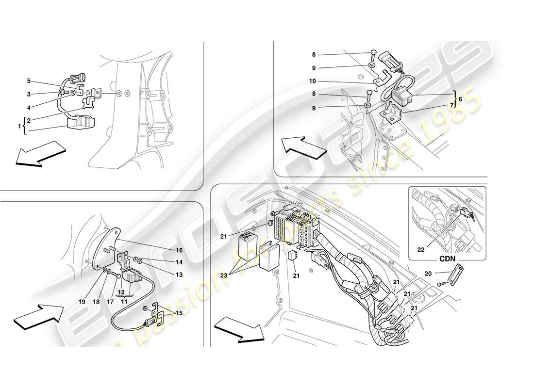 ferrari f430 coupe (usa) ecus and sensors in front compartment and engine compartment parts diagram