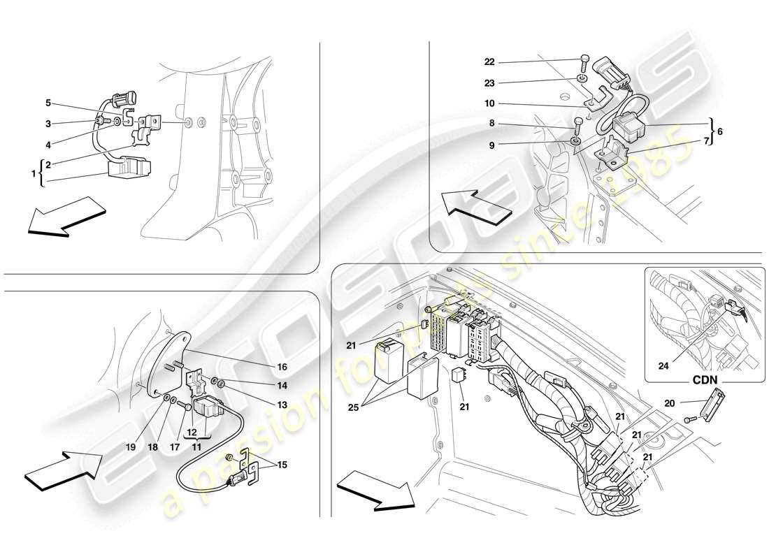 ferrari f430 scuderia (rhd) ecus and sensors in front compartment and engine compartment parts diagram