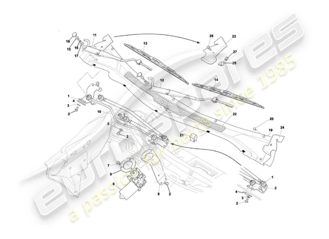 aston martin vanquish (2002) windscreen wipers part diagram