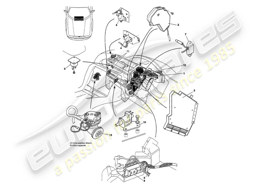 aston martin v8 volante (1998) sensors, switches, solenoids, motors etc part diagram