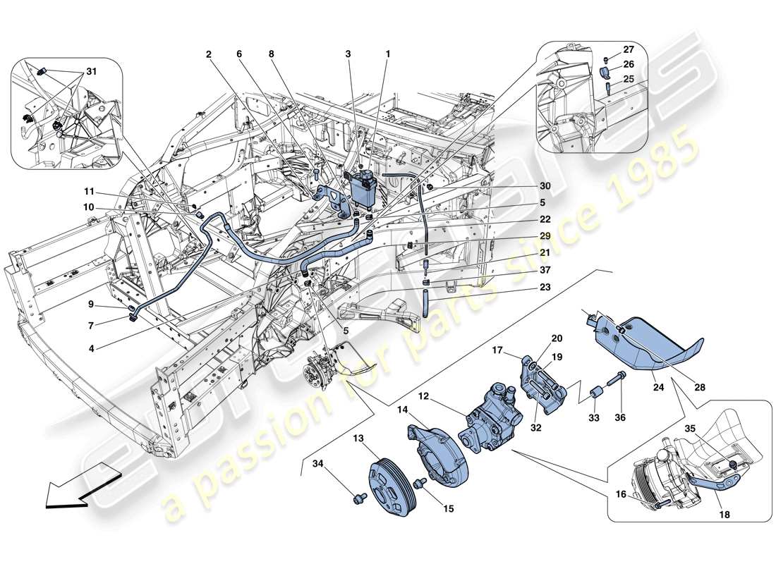 ferrari f12 berlinetta (rhd) power steering pump and reservoir parts diagram