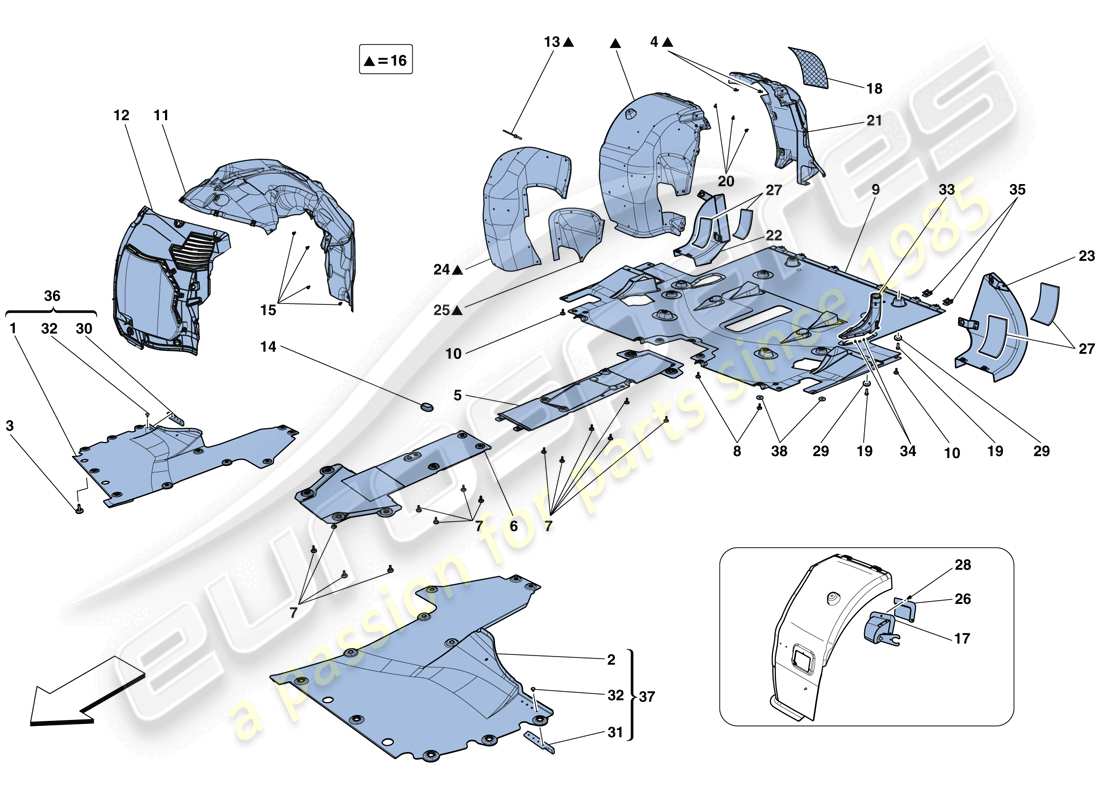 ferrari 458 speciale (usa) flat undertray and wheelhouses part diagram